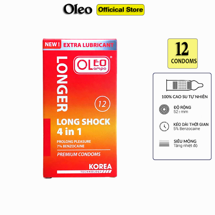 Hộp 12 C&aacute;i Bao Cao Su K&eacute;o D&agrave;i Thời Gian Oleo Lampo LONG SHOCK 4 in 1