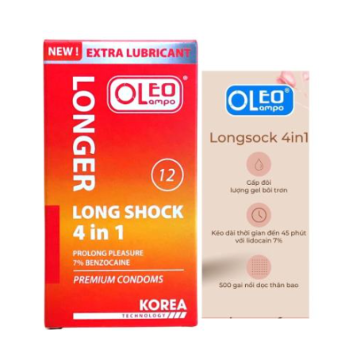 Hộp 12 C&aacute;i Bao Cao Su K&eacute;o D&agrave;i Thời Gian Oleo Lampo LONG SHOCK 4 in 1